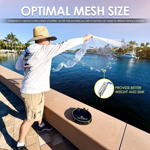 XPLORZ American Cast Fishing Net for Bait Trap Fish: 4ft/ 6ft/ 8ft Sizes for Saltwater & Freshwater Fishing - Enhanced with Heavy-Duty Zinc Sinker Weights