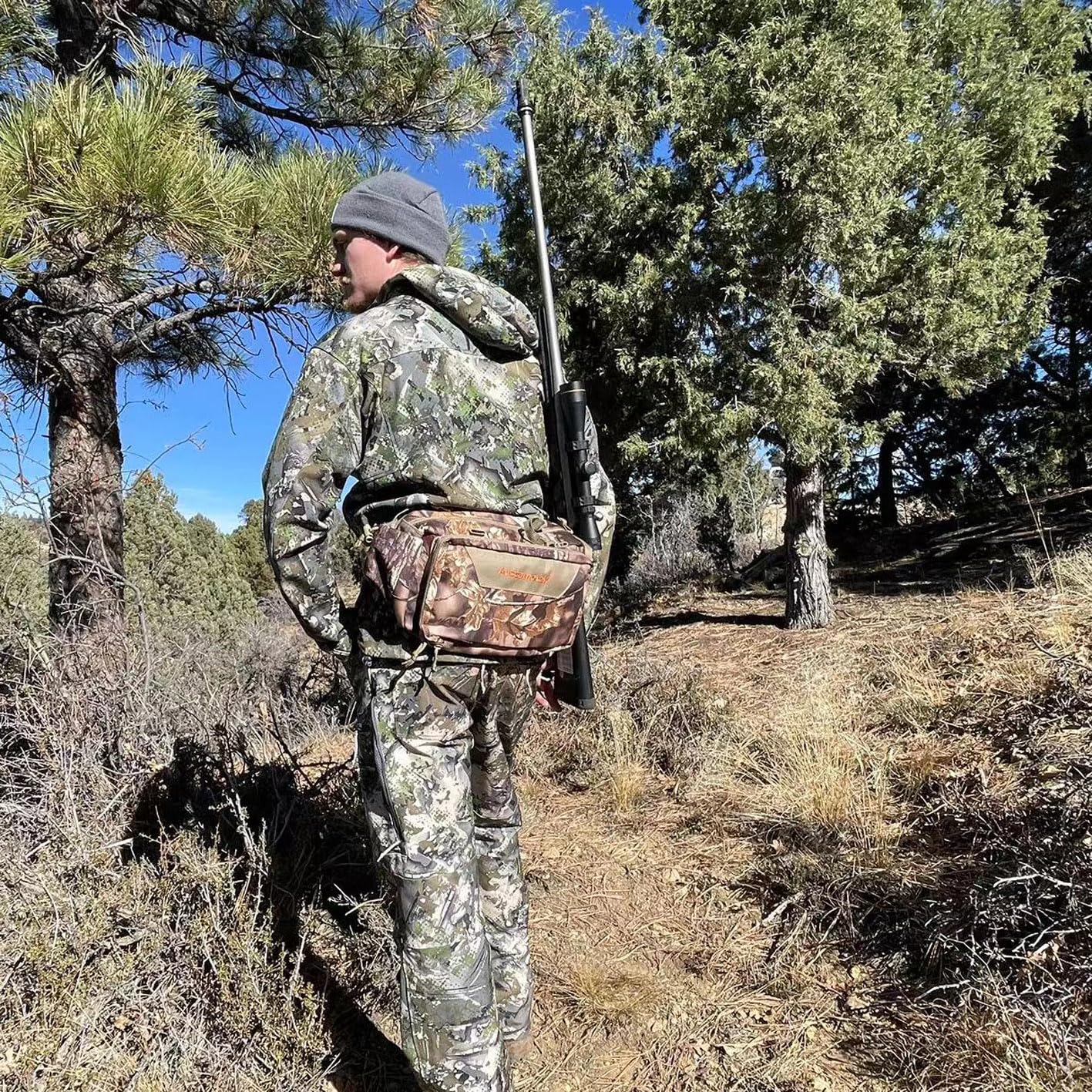 AUSCAMOTEK Camouflage Hanging Bag for Treestand Platform Saddle Hunting – Camo Fanny Pack for Hunting Accessories and Storage with Expandable Compartments and Water Holder