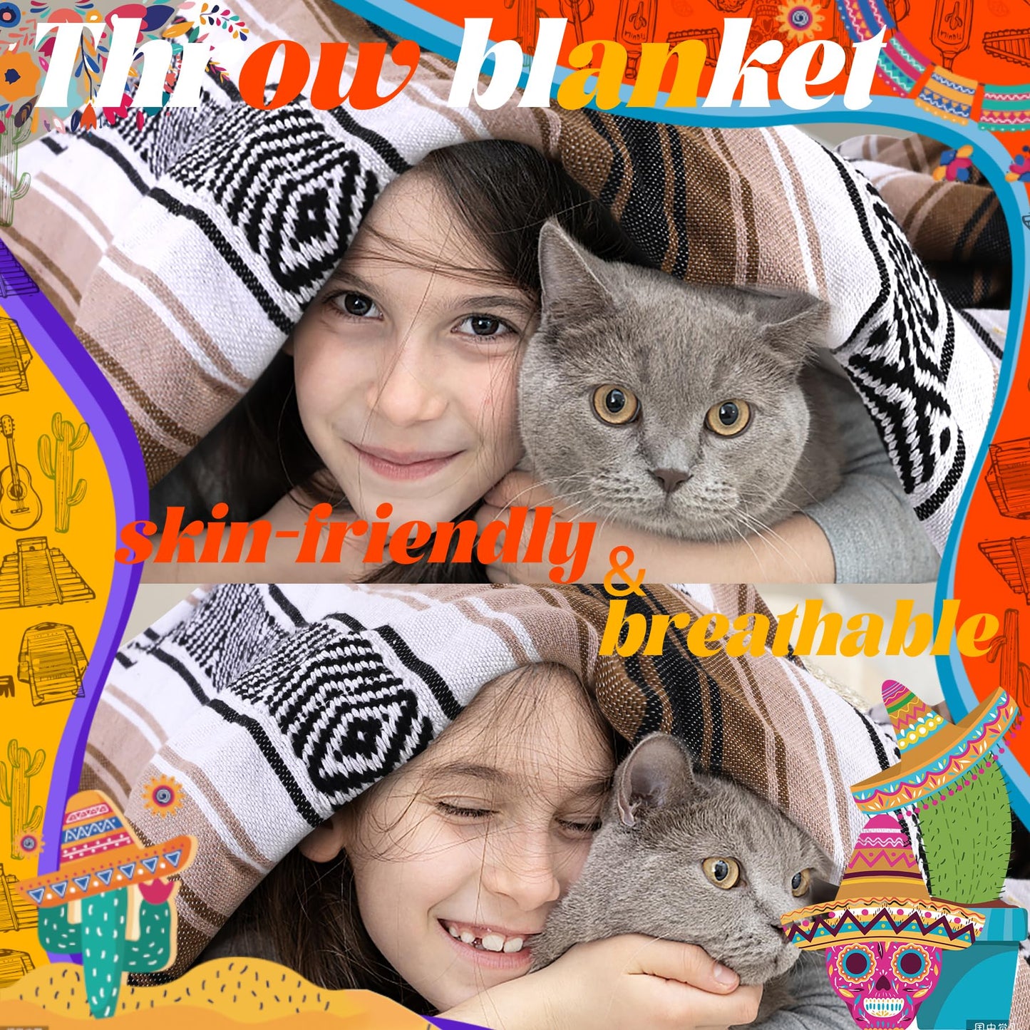 Genovega Mexican Throw Blanket Lightweight Serape Outdoor Extra Large Picnic Camping Blanket Beach Blanket Turkish Towel Sandproof Honeymoon Gift Fast Dry XL Compact Tent Gadgets 60" x 78" Mint