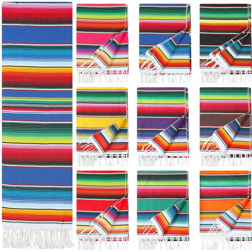 Tudomro 10 PCS Large Authentic Mexican Blankets Colorful Mexican Striped Throw Blankets Serape Fiesta Beach Fringe Yoga for Home Office Camping Picnic (Rainbow)