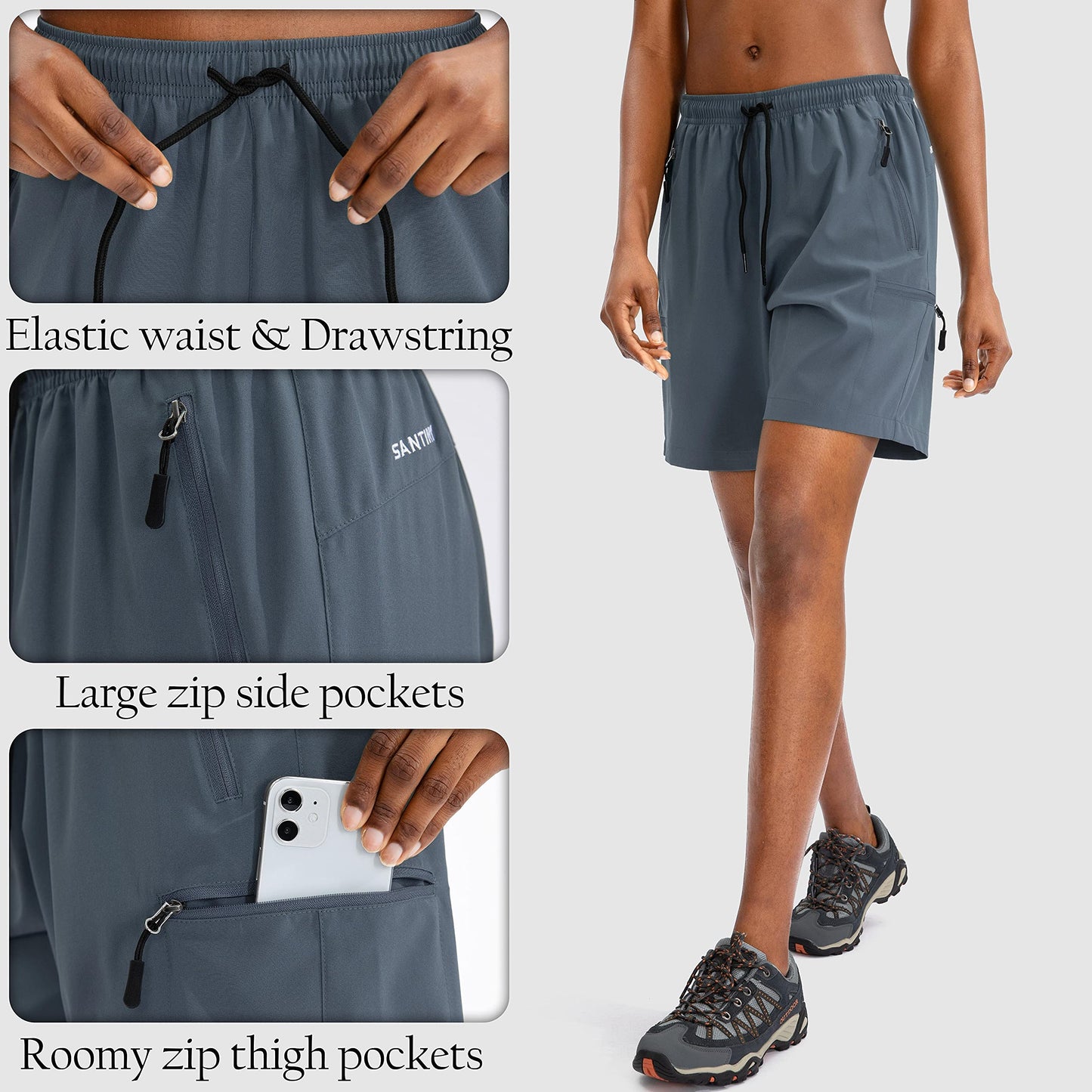SANTINY Women's 5''/ 7''/9'' Hiking Cargo Shorts Quick Dry Lightweight Summer Shorts for Women Athletic Golf Zipper Pockets(Dusty Blue_M)