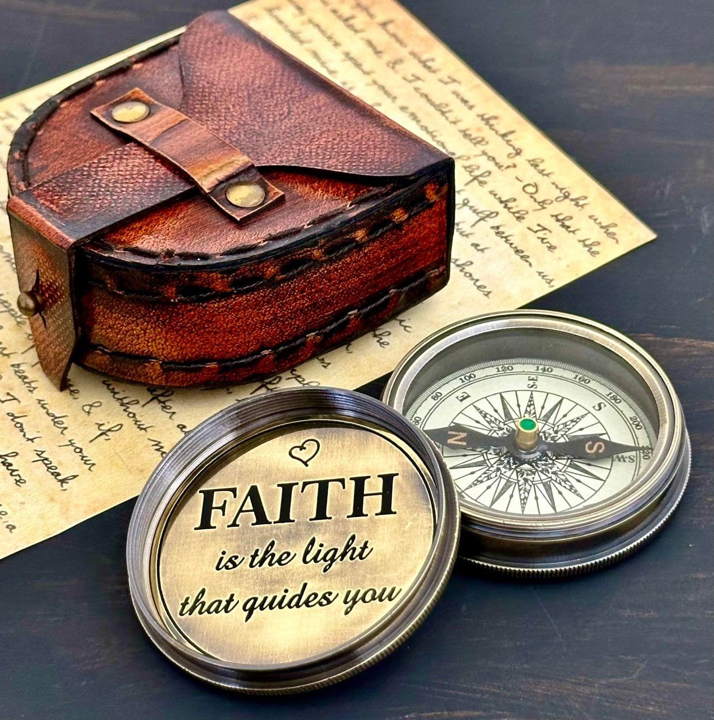 Faith Compass – Inspirational Gift for Men & Boys | Christian Baptism, Communion, Confirmation, or Graduation Present | “Faith is The Light That Guides You” Engraved | Leather Case