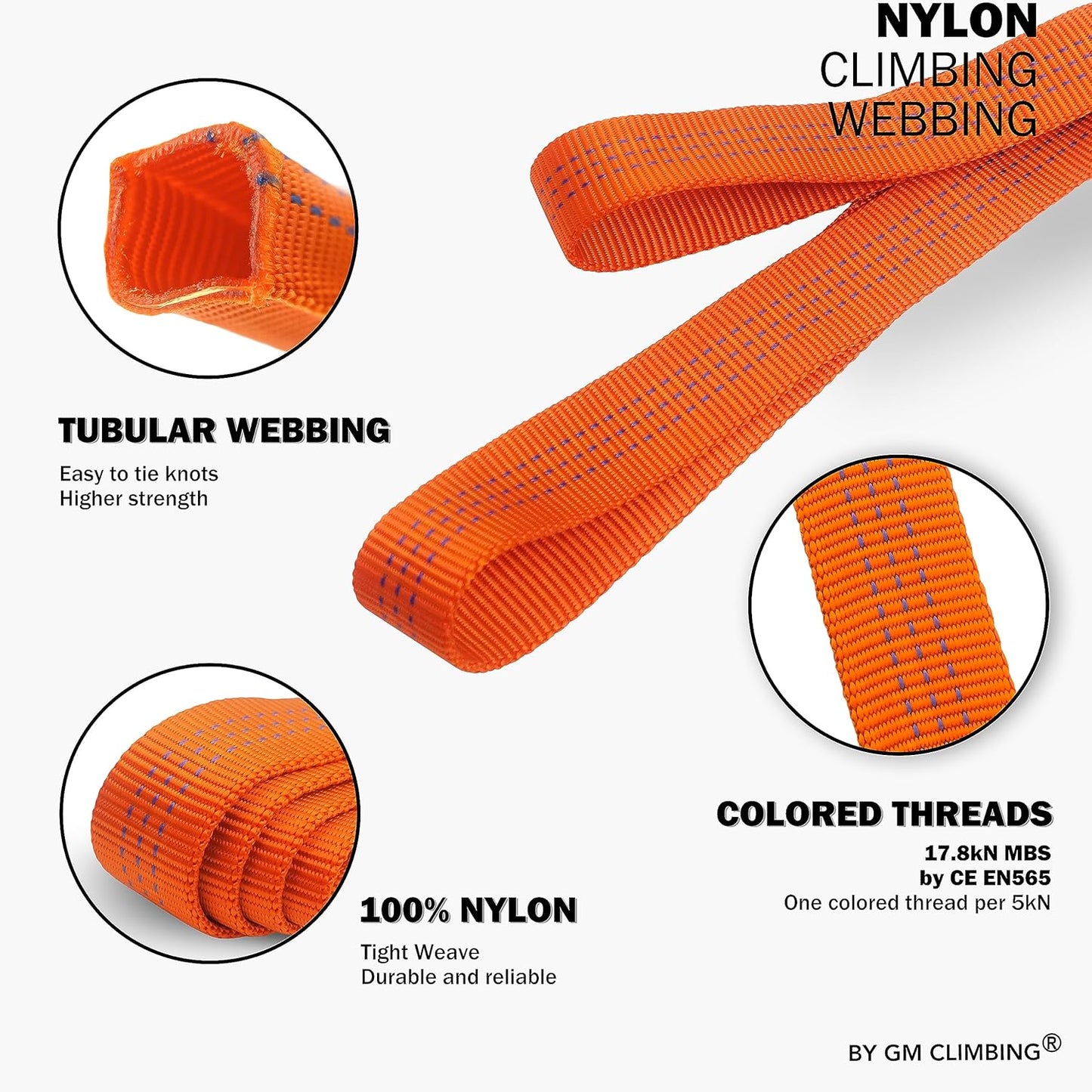 GM CLIMBING 1 inch Nylon Tubular Webbing Tape CE UIAA Certified 4000lb Heavy Duty for Climbing Rescue Rope Works Survival Outdoor General Purposes