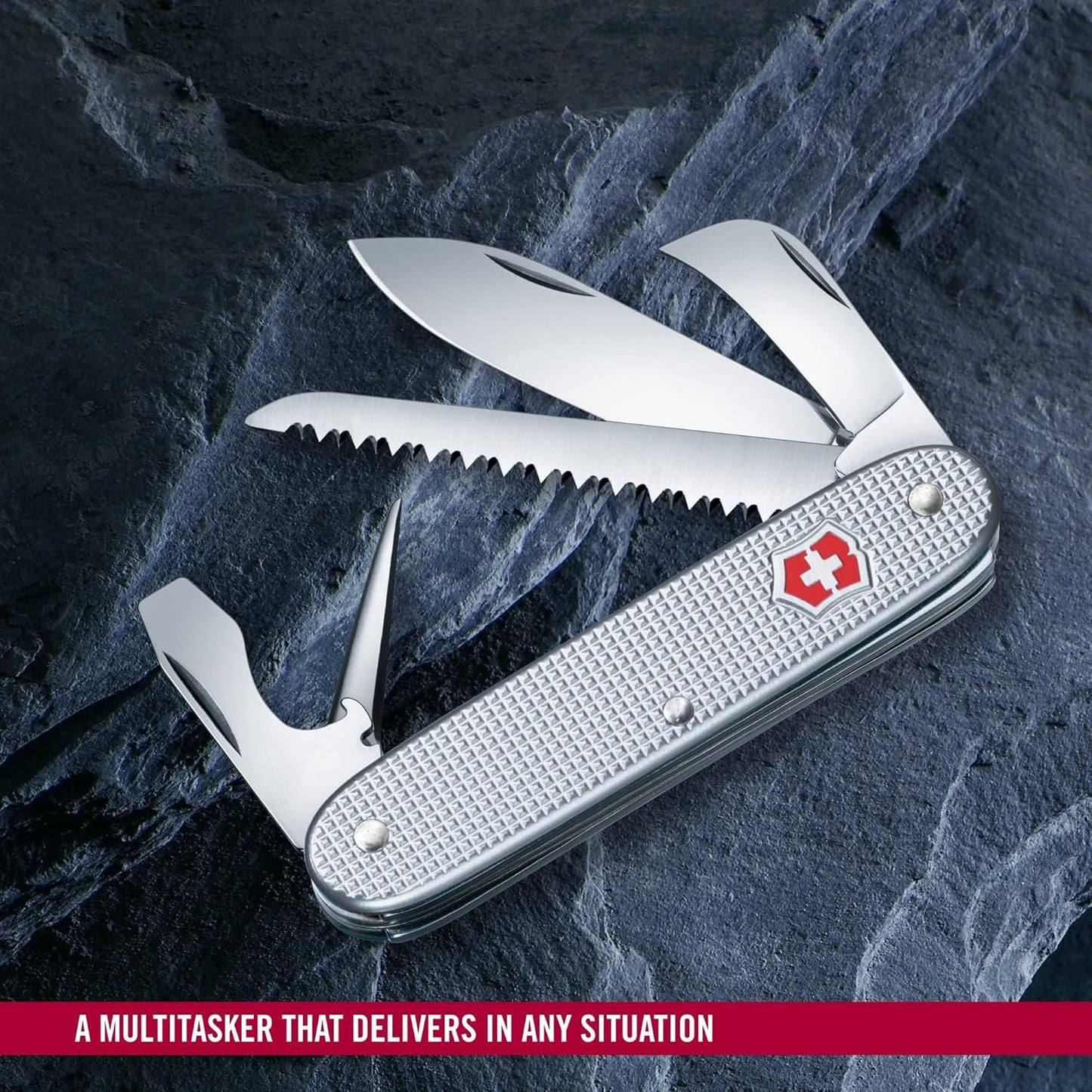 Victorinox Swiss Army 7 Swiss Army Knife, 7 Function Swiss Made Pocket Knife with 2 Blades (Large and Pruning Blade), Wood Saw and Bottle Opener - Silver