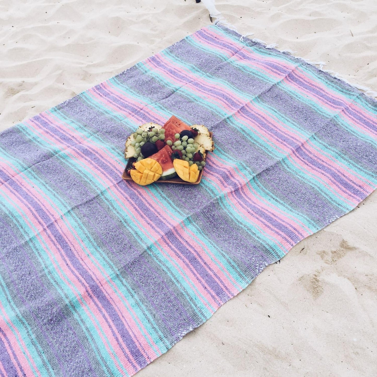 Authentic Del Mex Large Mexican Blanket - Woven Falsa Throw (70"x50") for Beach, Yoga & Outdoor Decor - Pink/Tan