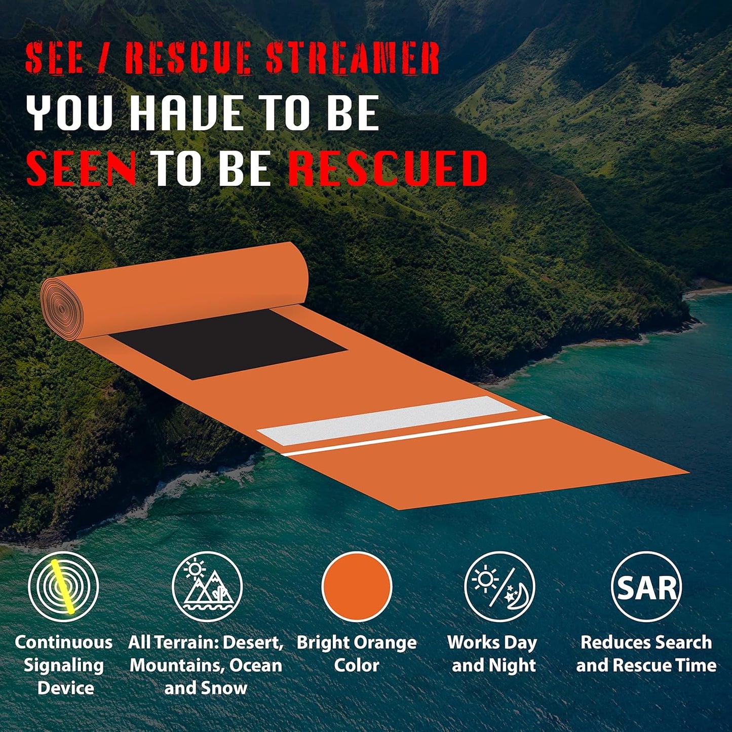 Streamer Survival Tool - The Easy to Use, Portable Rescue Device to Use on Land, Sea, or Snow, Day or Night When Lost or Stranded to Provide Continuous Visibility, Personal Lighted Streamer