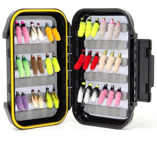 Outdoor Planet 36 Mop Flies Assortment with Waterproof Fly Box | Mop Jig Tungsten Bead and Barbed Hooks | Fly Fishing Flies for Trout Size #10,12,14,16
