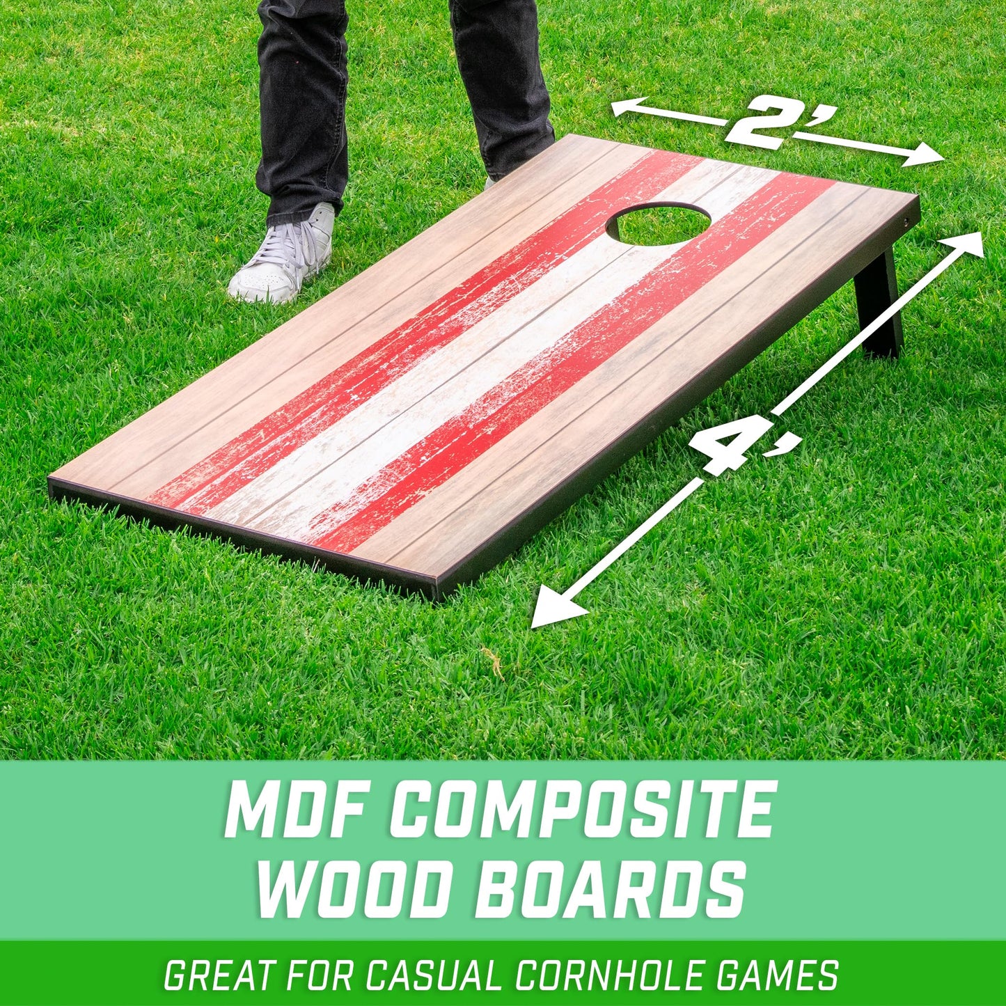 GoSports 4 x 2 ft Barnwood Design Cornhole Game Set - Includes Two 4 x 2 ft Boards, 8 Bean Bags, and Carry Case