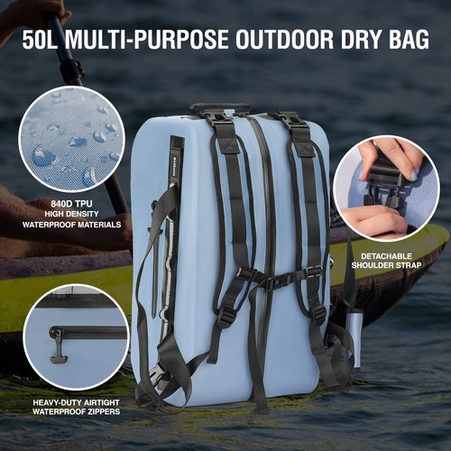 Haigang 50L Waterproof Dry Duffle Bag Dry Backpack 840D TPU Heavy Duty Dry Bag,Rubber Airtight Zipper, for Kayaking,Boating,Motorcycling,Camping,Rafting,Surfing, Swimming,Fishing,Beach Vacation,Blue