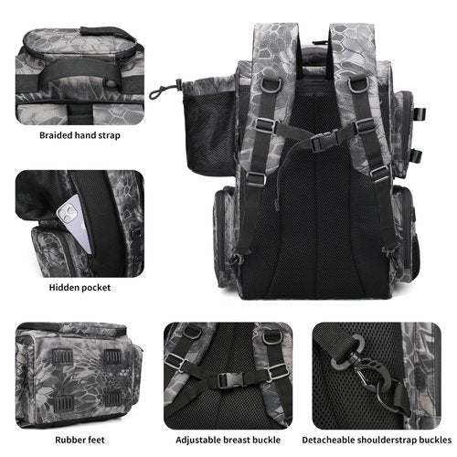 Rabjen Fishing Tackle Backpack with Rod Holders, Bottle Holder, Storage Bag Store Fishing Gear