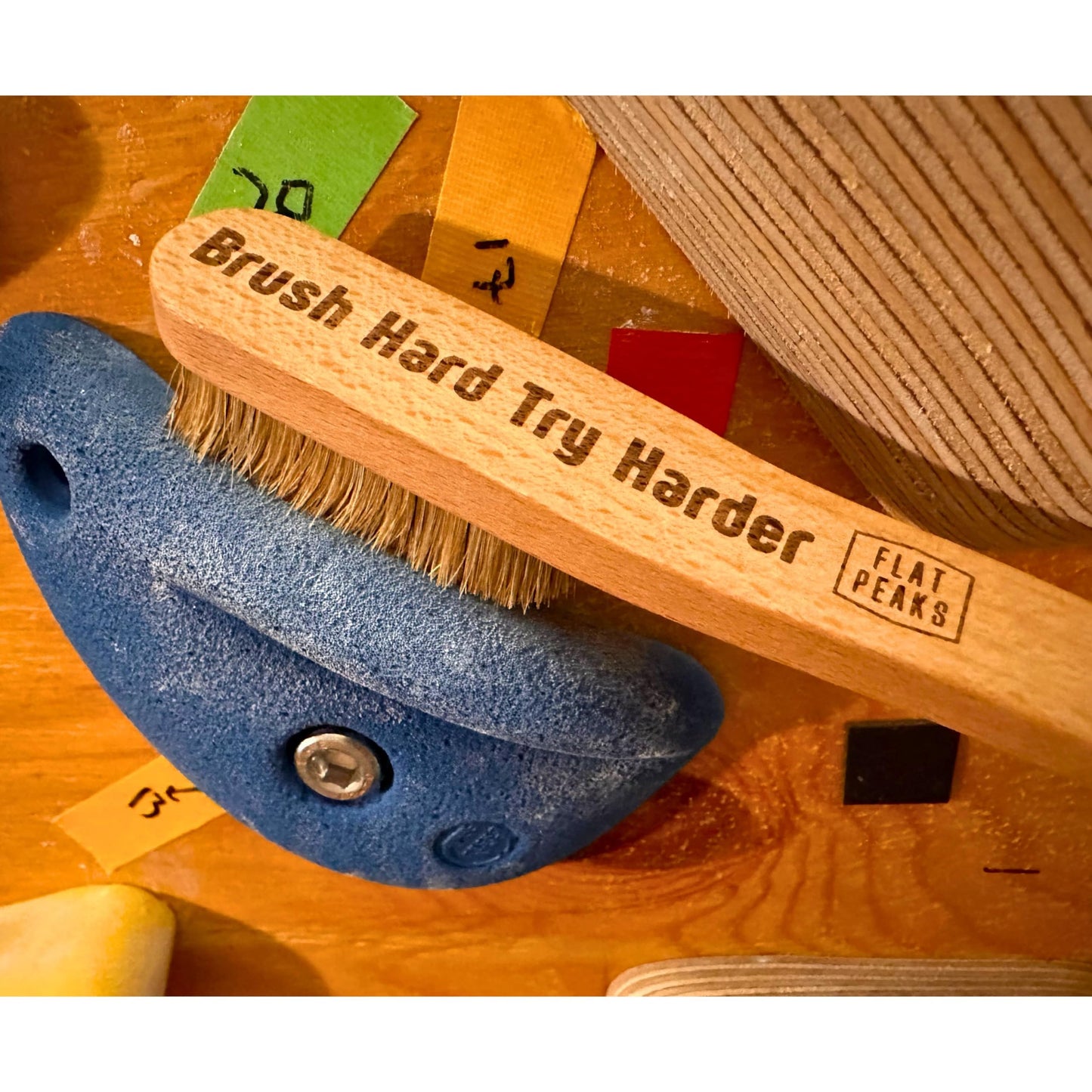 Flat Peaks - Brush Hard Try Hard - Large Wood Rock Climbing & Bouldering Brush with Firm Boar's Hair Bristles and Durable Handle, Climbing Chalk Brush for Climbing Wall Indoor or Outdoor