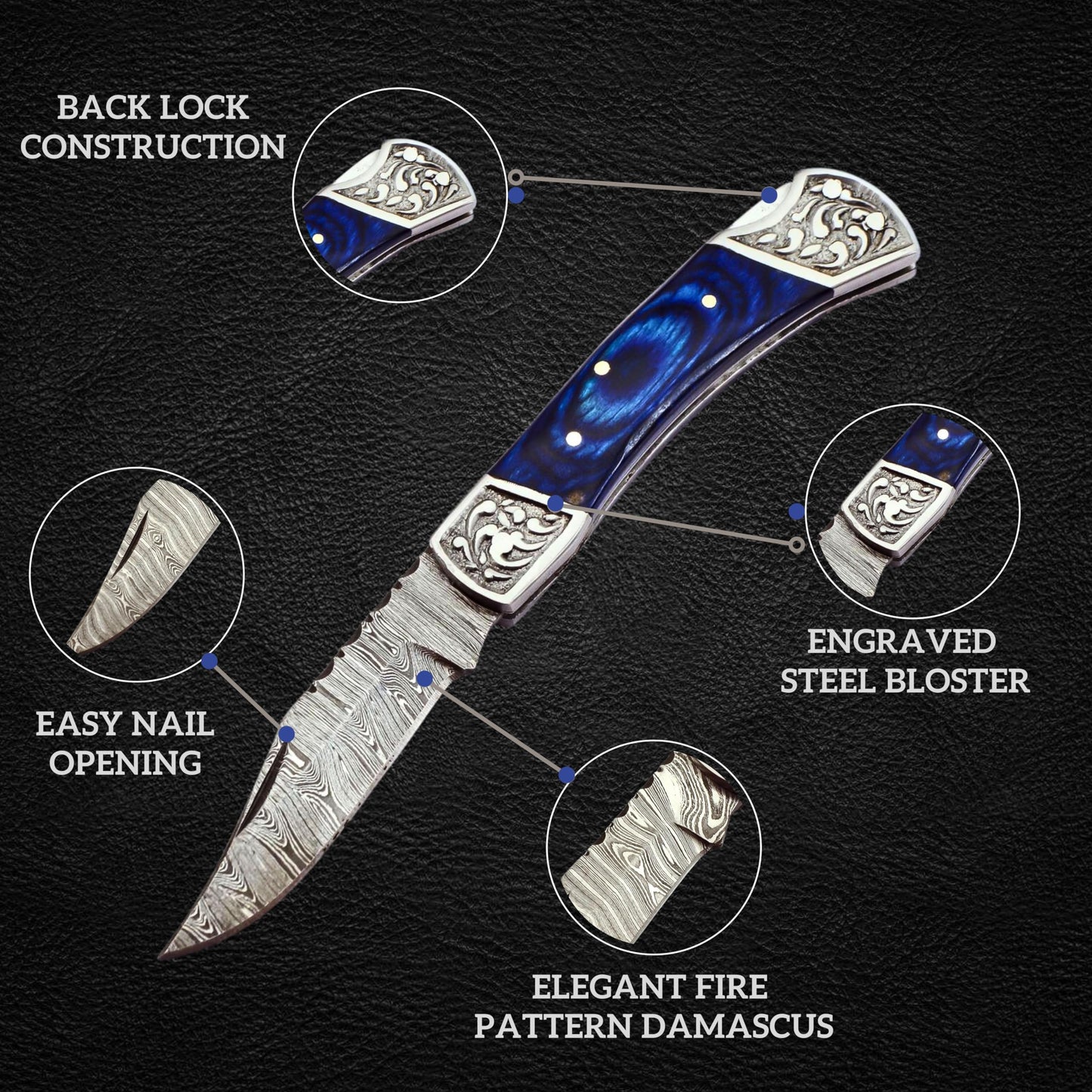 Handmade Damascus Pocket Knife for Men - 7.2 Inches Engraved Steel Damascus Folding Pocket Knife with Belt Holster - Pocket Knives & Folding Knives with Sheath & Back Lock - EDC Knife Pocket.(Blue)