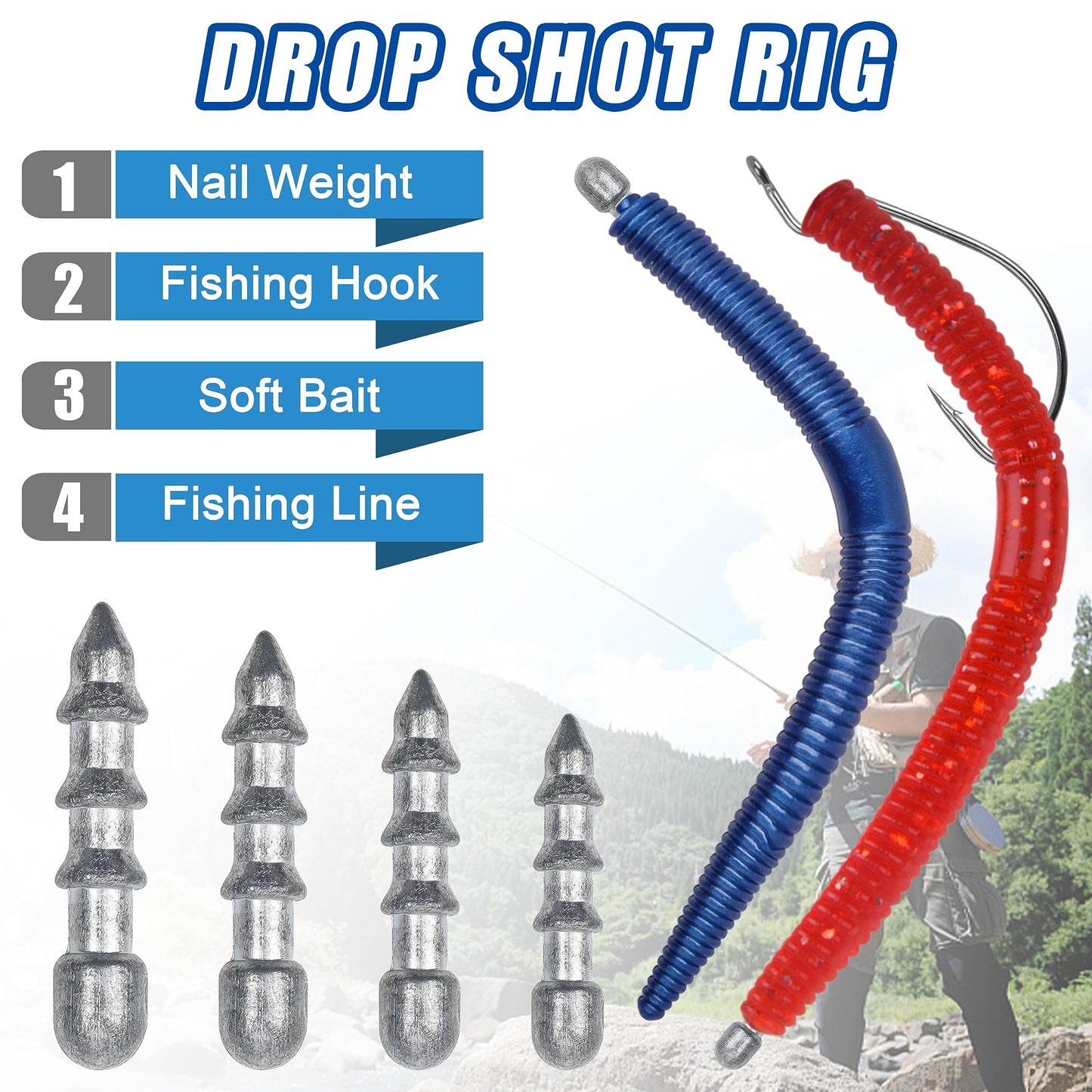 Fishing Nail Weights Kit,70pcs Wacky Worm Weights Insert Sinkers Fishing Weights for Plastic Worm Lures Nail Weights Sinkers Tackle for Neko Rig Wacky Rig Bass Fishing 4 Sizes