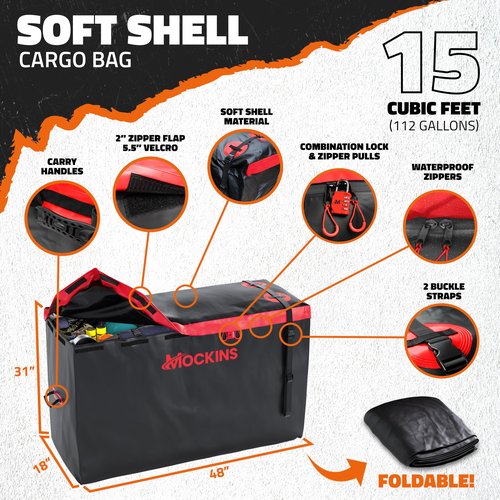 Mockins 48"x18"x6" Folding Hitch Cargo Carrier & 15 CuFt Waterproof Cargo Bag for Truck Bed w/ 4 Packing Cubes | Weatherproof 500 lbs Cap Car Trailer Hitch Rack for SUV, Truck, Van & RV w/Accessories