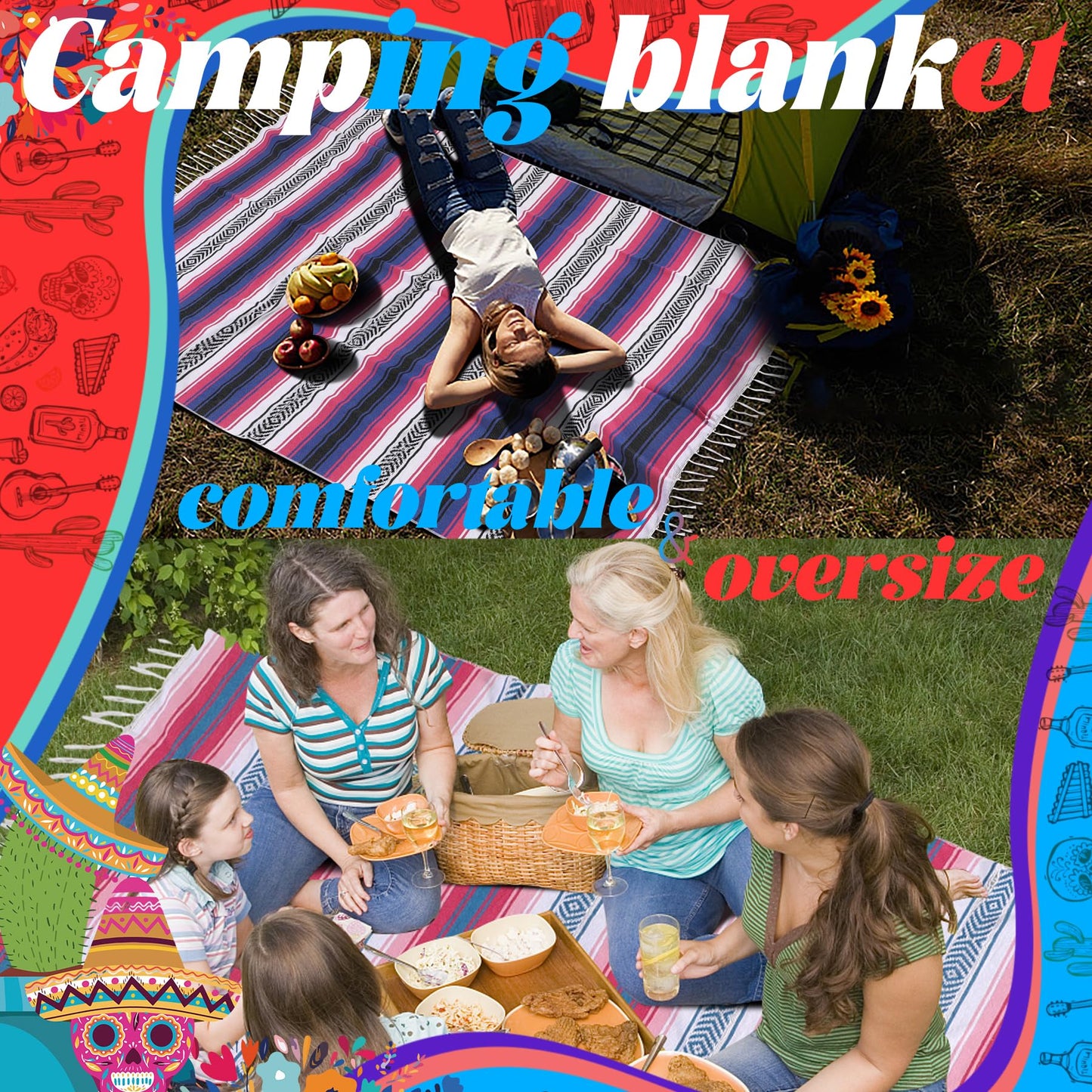 Genovega Mexican Throw Blanket Lightweight Serape Outdoor Extra Large Picnic Camping Blanket Beach Blanket Turkish Towel Sandproof Honeymoon Gift Fast Dry XL Compact Tent Gadgets 60" x 78" Mint