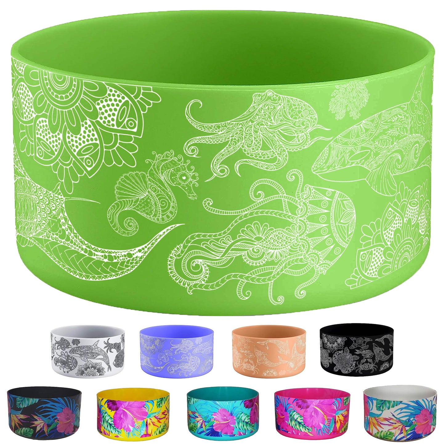 Hydro Heel Protective Silicone Bottom Sleeve, 12oz-40oz. Fits All Vacuum Insulated Stainless Steel Water Bottles, Anti-Slip, Anti-Scratch, Rubber Flex Skin Cover (12-24oz, Green Ocean Mandala)