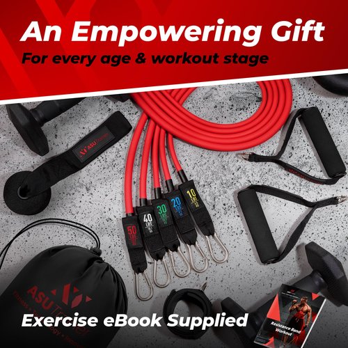 Tube Resistance Bands, 5 Exercise Bands, 10–50 lb, Tough Exercise Equipment Made of Durubbex, Resistance Bands for Working Out w/Ankle Straps & Door Anchor, Fitness & Workout Equipment