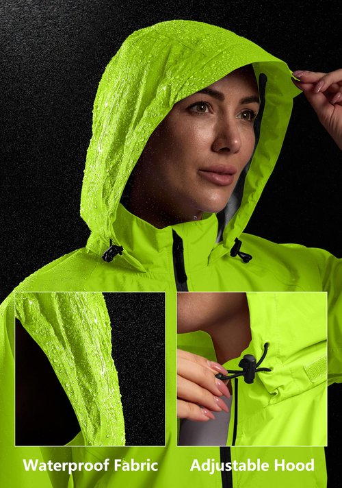 Bikewa Women's Cycling Rain Jackets Waterproof Windbreaker Lightweight Running Windproof Reflective Jacket Packable Hooded(Fluorescent Yellow/Black,M)