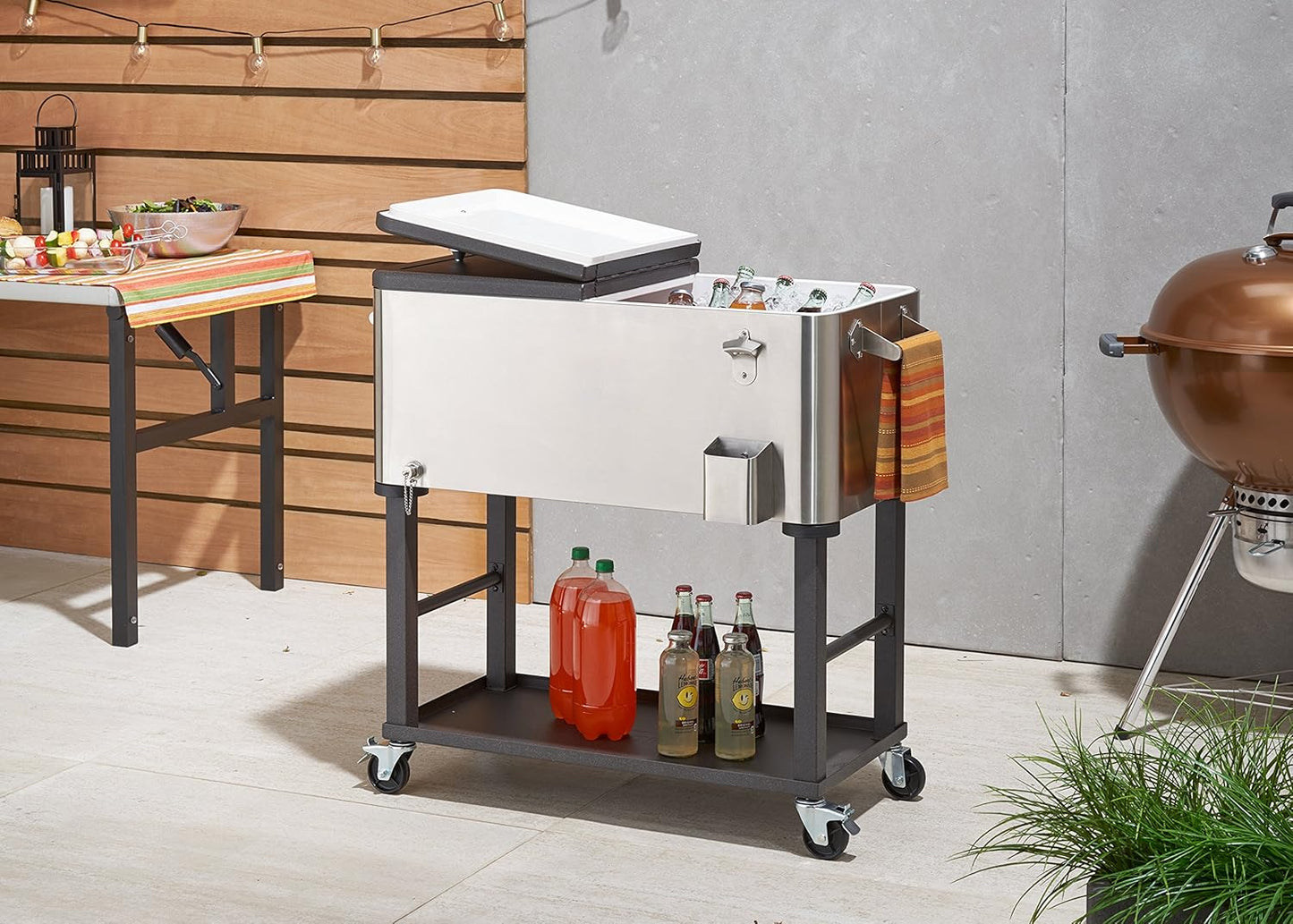 TRINITY Stainless Steel Beverage Cooler and Ice Chest with Wheels and Built-in Bottle Opener, Rolling Cart with Shelf for Patio, Outdoor Bar, and Catering, Detachable Tub, 100 Quart Capacity