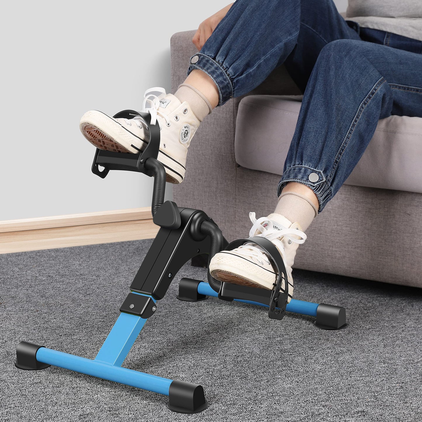 Folding Pedal Exerciser Mini Exercise Bike Portable Peddler Arms and Legs Low Impact Workout Bike with LCD (Blue)