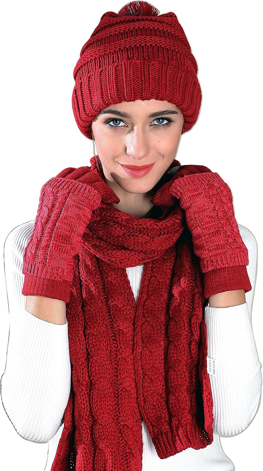 Winter Hat Gloves Scarf Set for Women, Cable Knit Beanie Pom Cap Touch Screen Glove Long Scarf 3PCS Winter Gift for Women Men