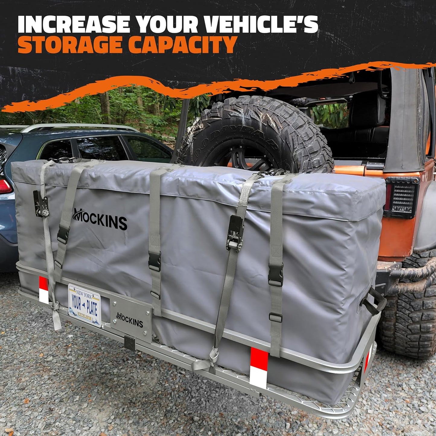 Mockins 60"x20"x6" Folding Trailer Hitch Cargo Carrier w/ 20 Cu.Ft. Waterproof Cargo Bag for Hitch Carrier | 500 Lbs. Capacity Weatherproof Luggage Rack for SUV Car & Truck w/Car Trailer Accessories