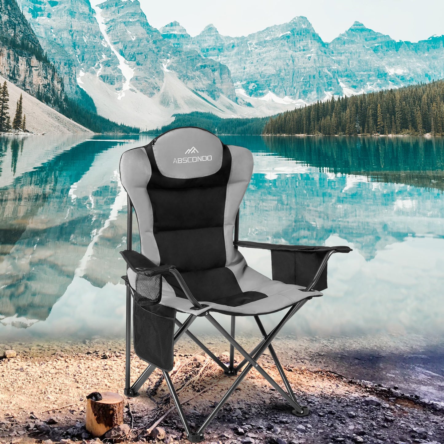 ABSCONDO Camping Chairs for Adults, Oversized Folding Camp Chair for Outdoor with Cup Holder & Cooler Bag, XL Heavy Duty Lawn Chairs Supports up to 350lbs (2 Pcs, Black)