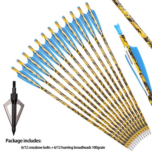 ZSHJGJR Archery Crossbow Bolts 16 17 18 20 22 Inch Carbon Crossbow Arrows Camo Shaft with Screw-in Hunting Broadheads for Crossbow Hunting Shooting 6/12PCS (12, Blue & White, 20 Inch)