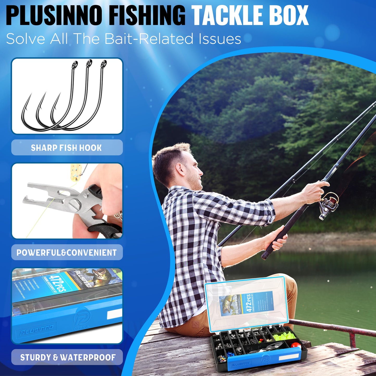 472PCS Fishing Accessories Kit, Waterproof Tackle Box with Tackle Included, Fishing Gifts for Men Included Hooks, Weights, Pliers,Fishing Gear and Equipment for Bass Trout