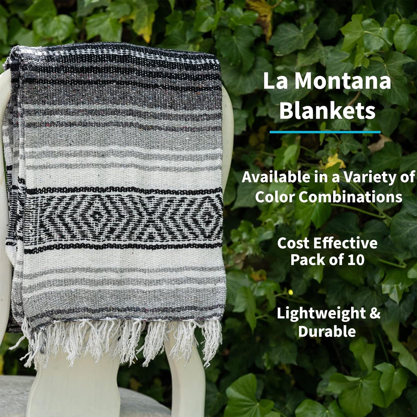 La Montana Mexican Blankets and Throws, 10 Pack, 74"x50" - Made in Mexico, Lightweight Yoga Blanket for Schools, Studios, Outdoors, Camping, Picnic, Decor - Machine Washable, Neutrals