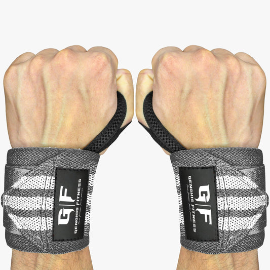 Genghisfitness Weightlifting Wrist Wraps Pair For Powerlifting (12", Grey with White Stripes)