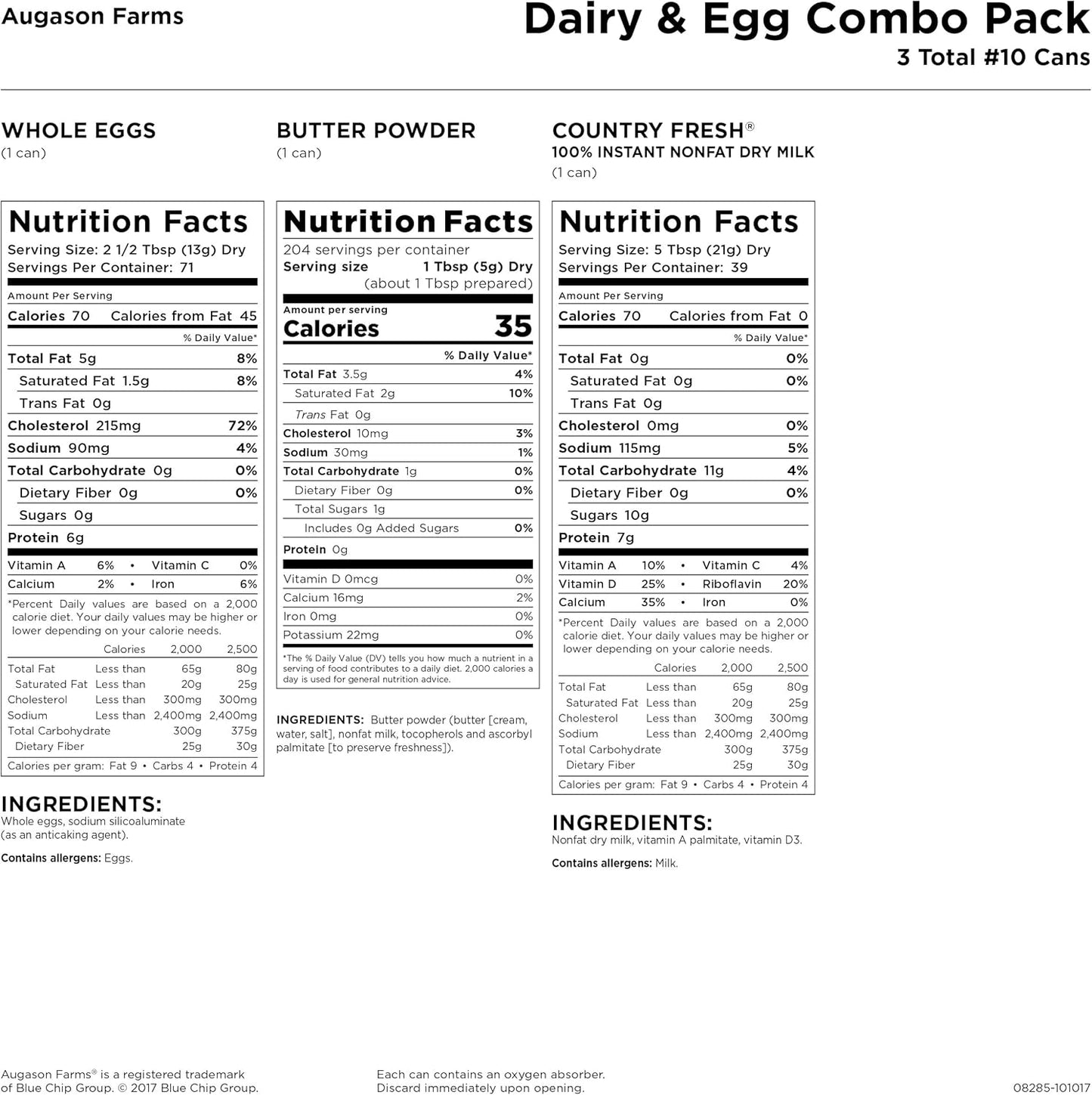 Augason Farms Dairy and Egg Combo No. 10 Can 3-Pack