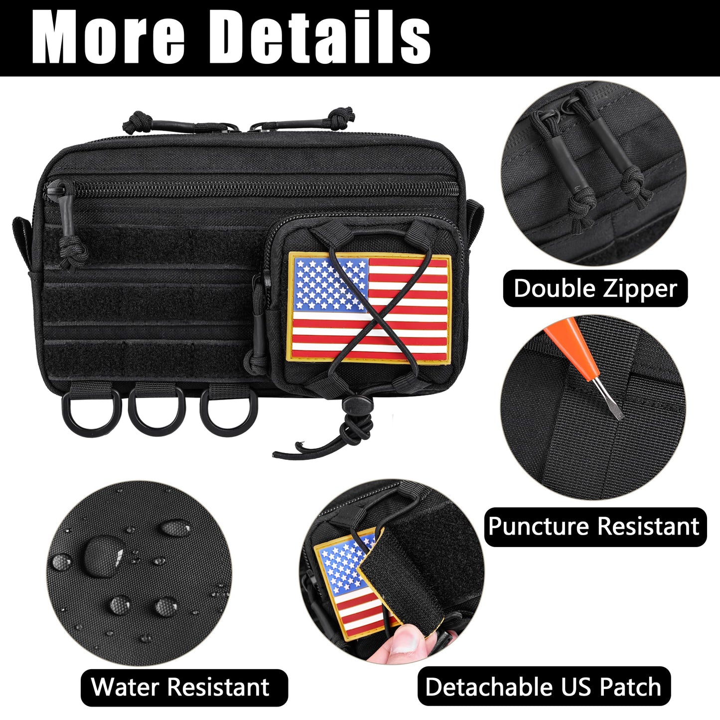 JIPIMON Tactical Molle Pouch, Water-Resistant Admin Pouch with US Flag Patch, Utility Molle Pouches for Tactical Vest Backpack (Black)