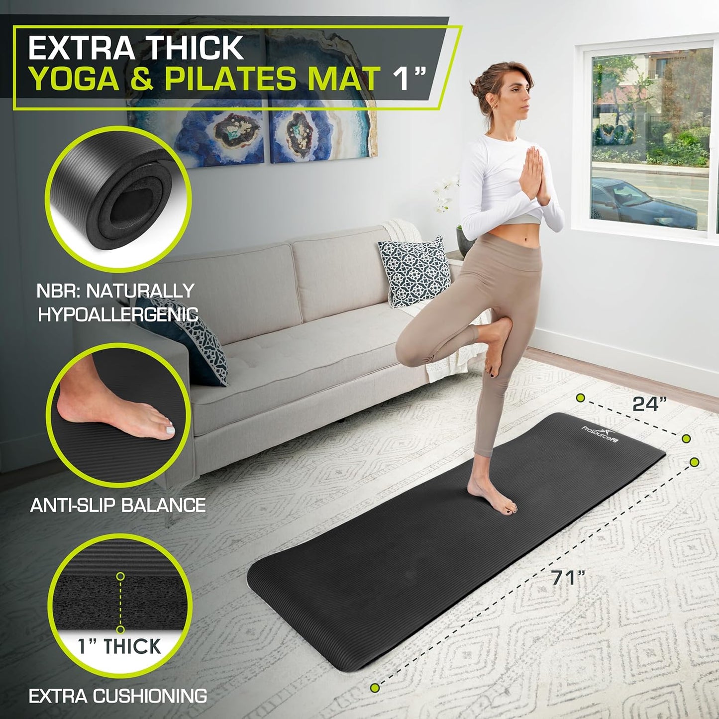 Extra Thick ½” Yoga & Pilates Mat - 71” High Density Foam with Carry Strap