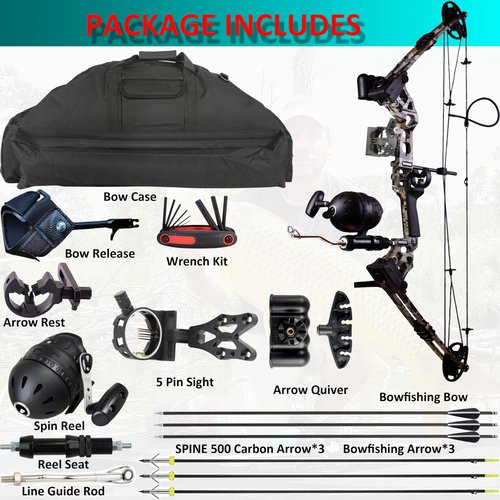 CENWTY Compound Bow Fishing Combo Kit 20-70 LBS Hunting Bow with Bowfishing Arrow and Reel for Archery, Complete Right-Handed Camo Kit