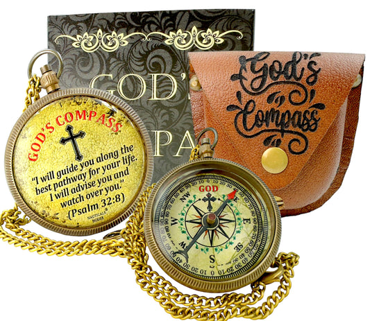 God’s Compass – Engraved Brass Compass with Leather Case, Inspirational Christian Religious Gift (Psalm 32:8), Perfect for Graduation, Baptism, Confirmation, Men & Women