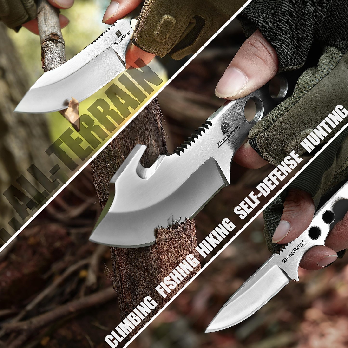 ZhengSheng 3 Piece Full Tang Fixed Blade Knives, Survival Knives Bowie knife and Gut Hook Knife with Nylon Sheath for Hiking, Outdoor Camping Activities