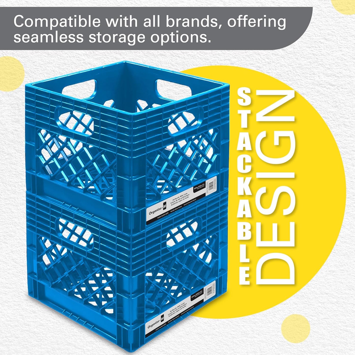 ORGANIZE-IT! Authentic Milk Crate, 4 Pack, Black - Heavy-Duty Storage Crate, Easy-Grip Handles, Versatile Storage Crate Box, 13" L x 13" W x 11" H