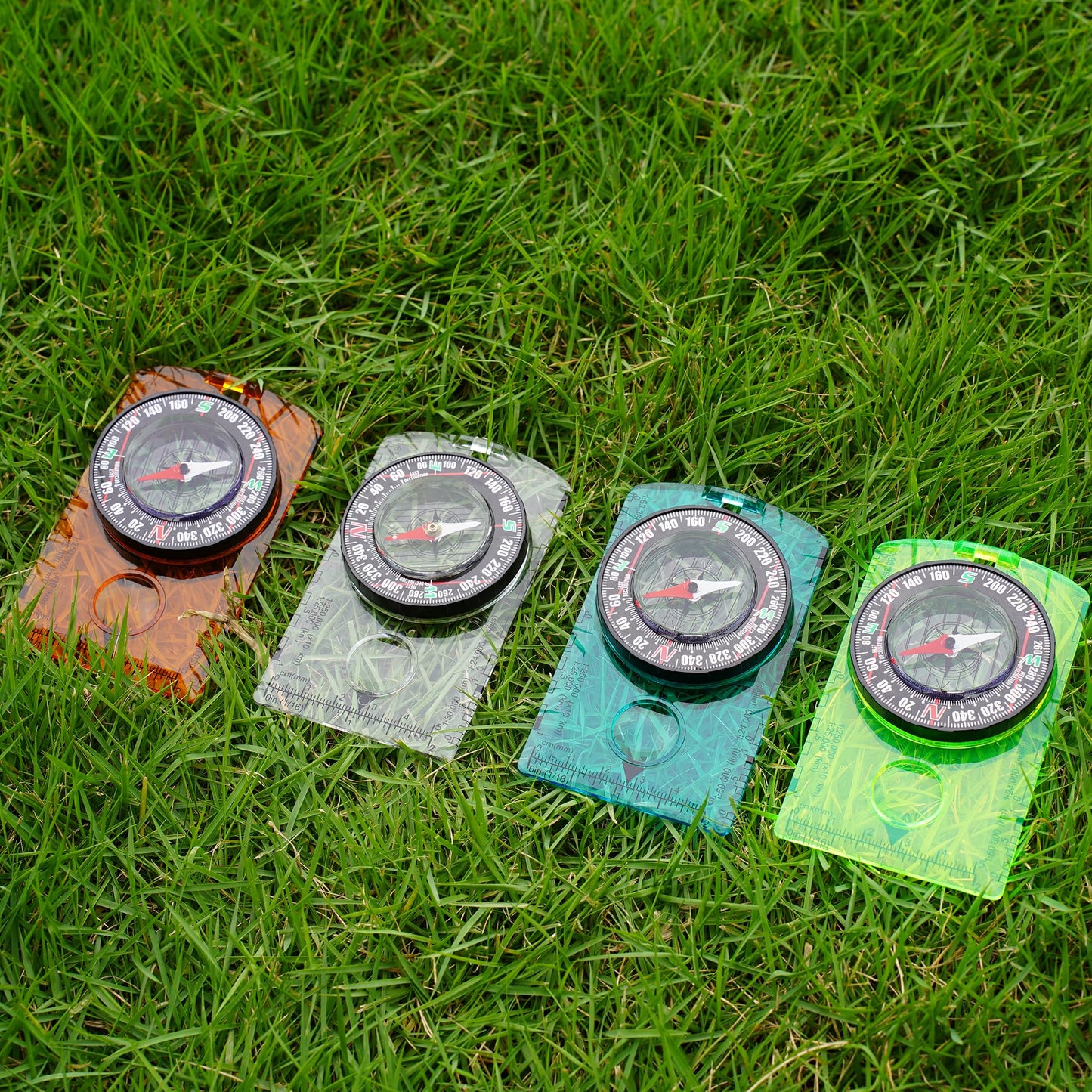 4 Pcs Outdoor Compass with Adjustable Declination,Magnifier,Ruler,Scale. Multifunctional Orienteering Waterproof Compass for Map Reading, Navigation, Hiking (Transparent+Blue+Green+Orange)