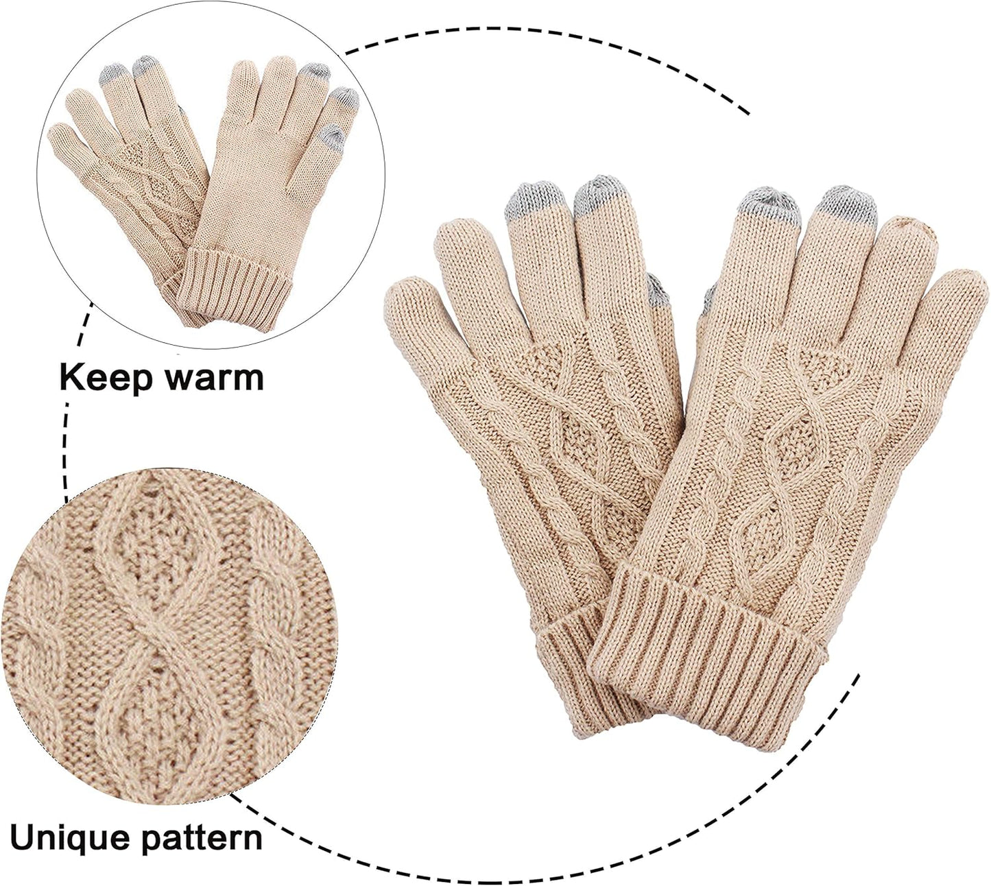Winter Hat Gloves Scarf Set for Women, Cable Knit Beanie Pom Cap Touch Screen Glove Long Scarf 3PCS Winter Gift for Women Men