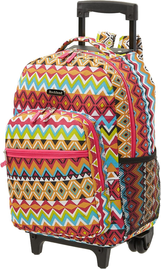 Rockland Double Handle Rolling Backpack, BLUELEOPARD, 17-Inch