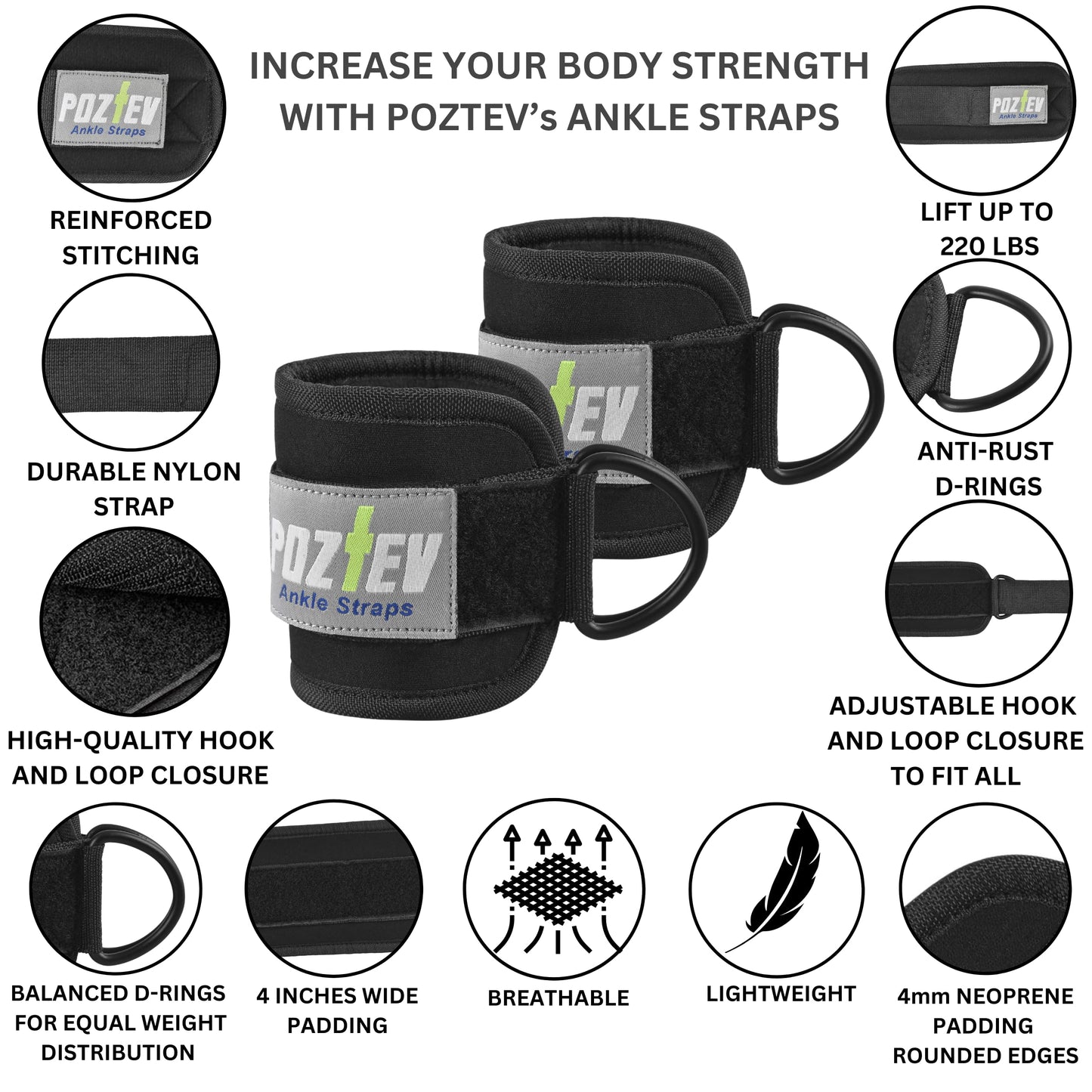 Ankle Straps for Cable Machine (PAIR) – Adjustable Padded Cuff Leg Straps Attachment, Ideal for Glute Workouts Leg Training Kickbacks Hip Abductors Booty Building & Lower Body Fitness (Black)