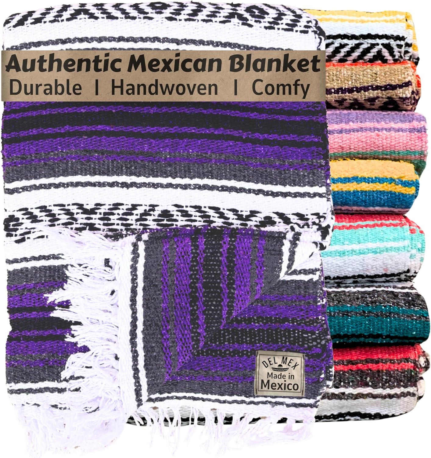 Authentic Del Mex Large Mexican Blanket - Woven Falsa Throw (70"x50") for Beach, Yoga & Outdoor Decor - Pink/Tan