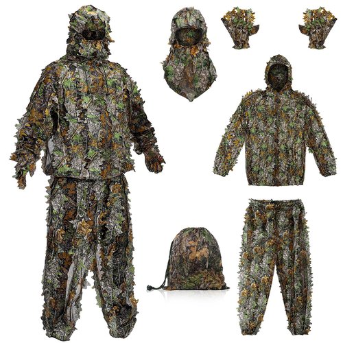 Ghillie Suit Outdoor Leafy Suit for Hunting Super Lightweight Hooded Camouflage Including Clothes Gloves Face Mask and Bag