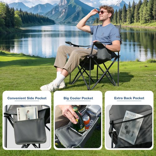 RELAX FIELD Oversized Folding Camping Chair, Heavy Duty Support 500LBS Outdoor Chair with Cup Holder Storage and Cooler Pouch, Collapsible Padded Arm Chair for Sports Garden Beach Fishing, Grey