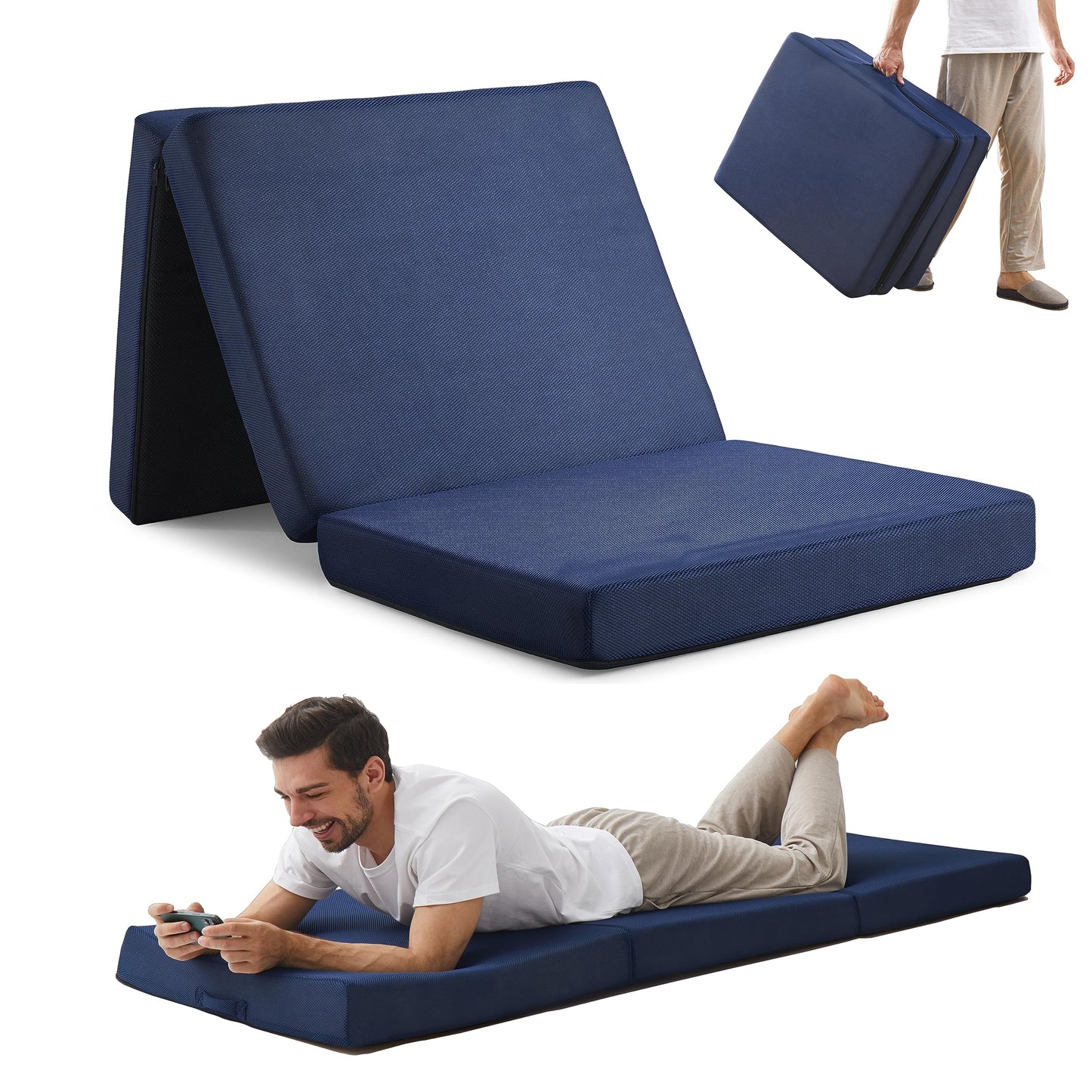 Jamdok 75 X 30 X 3 Inch Foam Folding Sleeping Pad,Trifold Mattress,Machine Washable Mesh Cover,Cot Size Floor Mattress Topper,Guest Bed for Adult,Camping Mat