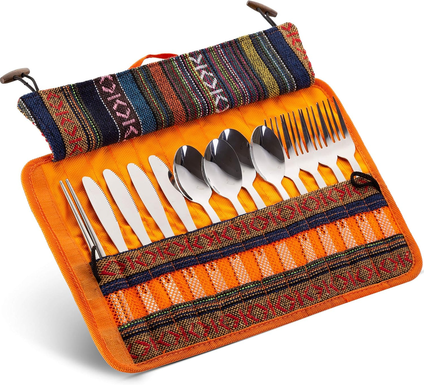 13 Piece Stainless Steel Family Cutlery Picnic Utensil Set with Travel Case for Camping | Hiking | BBQs - Includes Forks | Spoons | Knifes | Chopstick, Plus Nylon Commuter Case (Green)