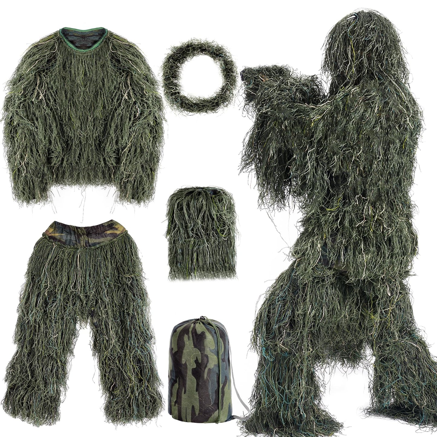 5 in 1 Ghillie Suit, 3D Camouflage Hunting Apparel, Suitable for Hunting, Sniper, Halloween Costume (SM,ML,XL)