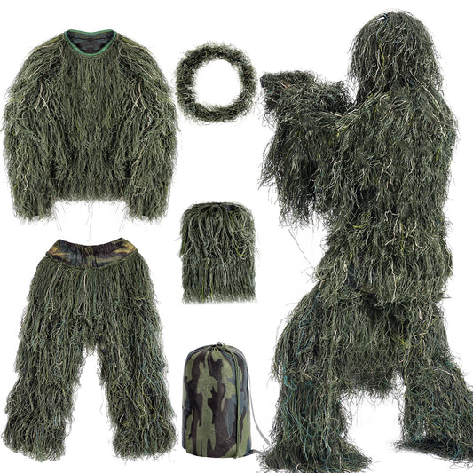 5 in 1 Ghillie Suit, 3D Camouflage Hunting Apparel, Suitable for Hunting, Sniper, Halloween Costume (SM,ML,XL)