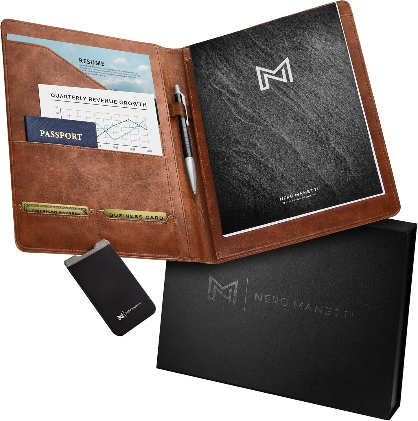 NERO MANETTI- Leather Portfolio Folder - Business PU Leather Portfolio Notepad Holder for Resumes, Legal Pad Portfolio Executive Binder, Professional Padfolio Notebook for Women/Men